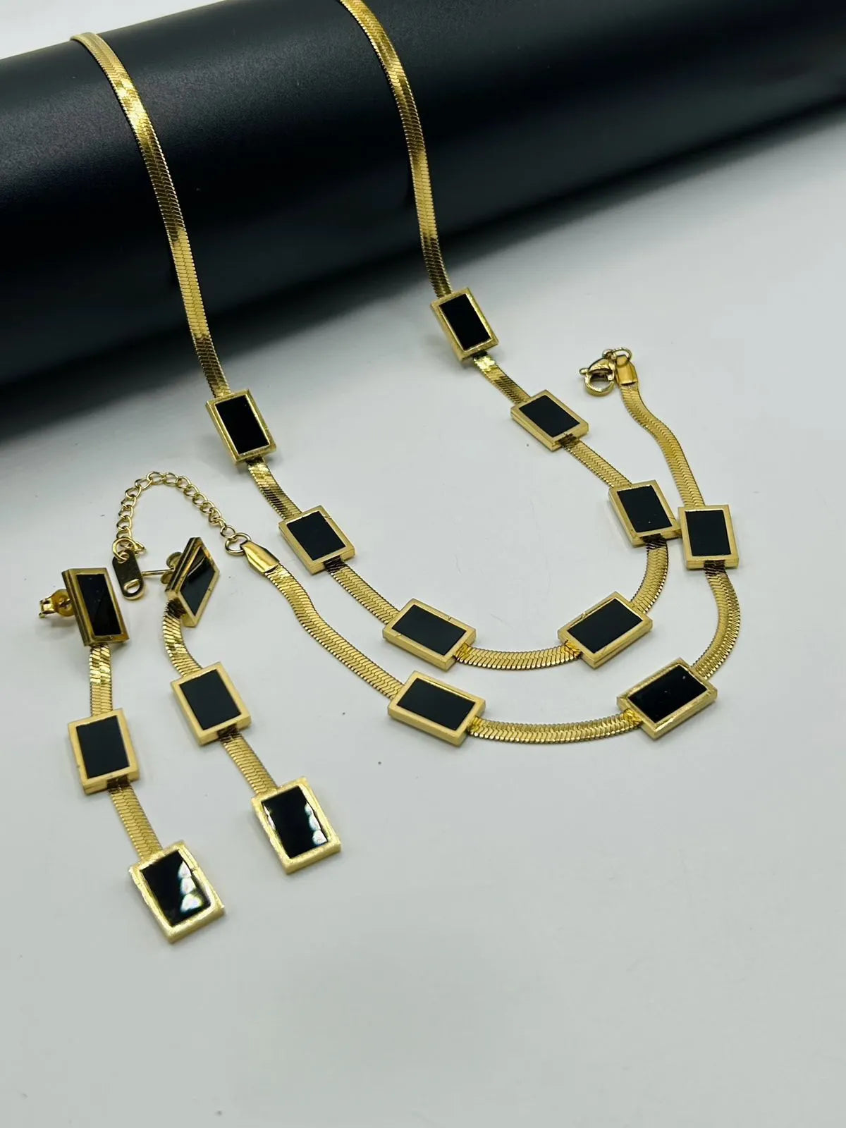 Onyx Edge Stainless Steel Necklace Ring & Earring Set